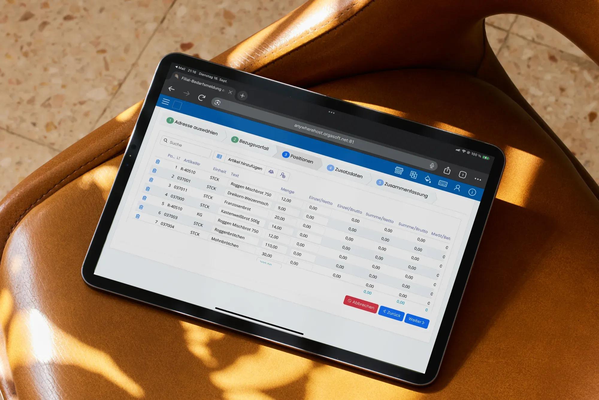 Filialbedarf Meldung Bäckereisoftware OrgaBack
