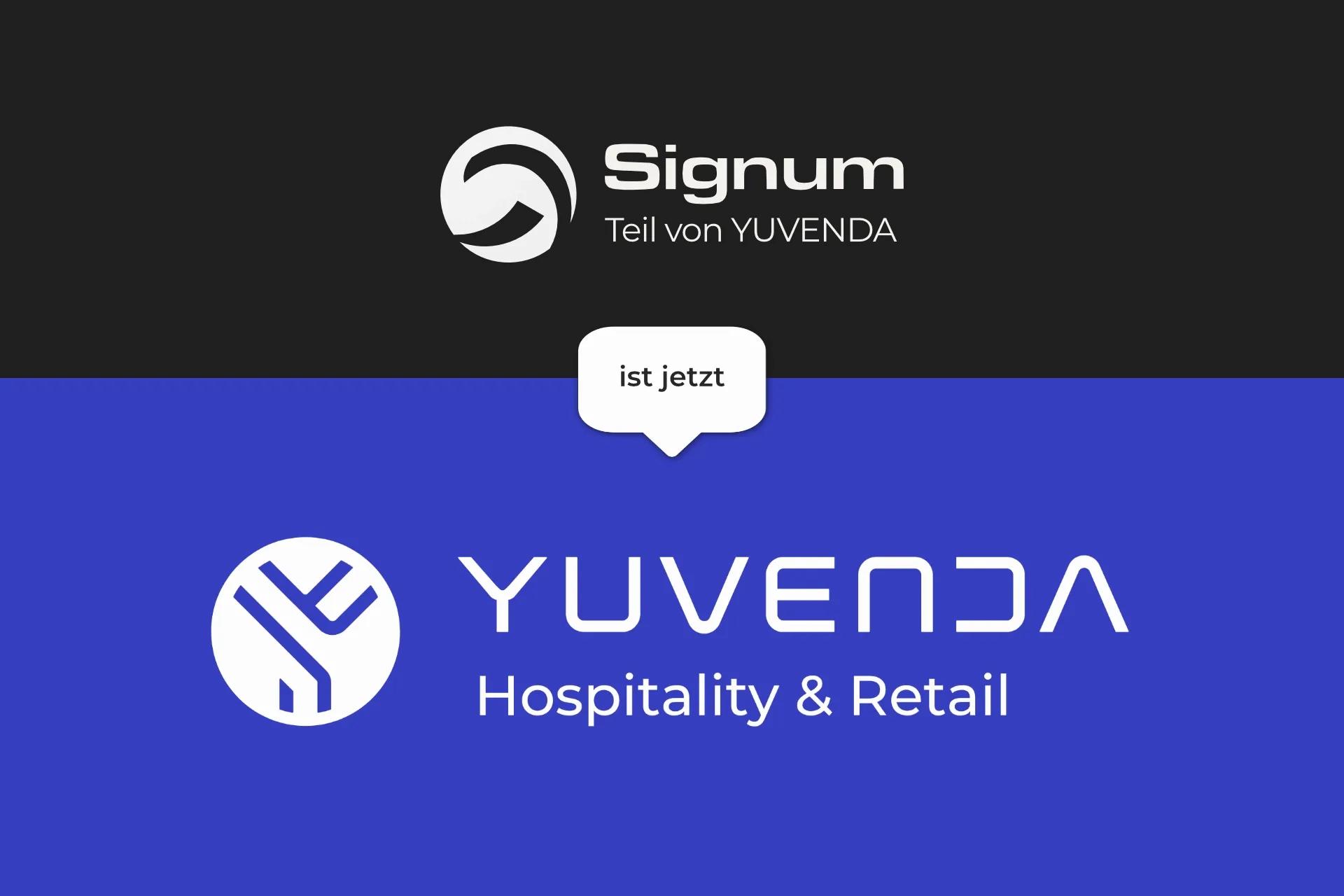 Signum logo transitioning to YUVENDA Hospitality & Retail logo, signifying a brand change.